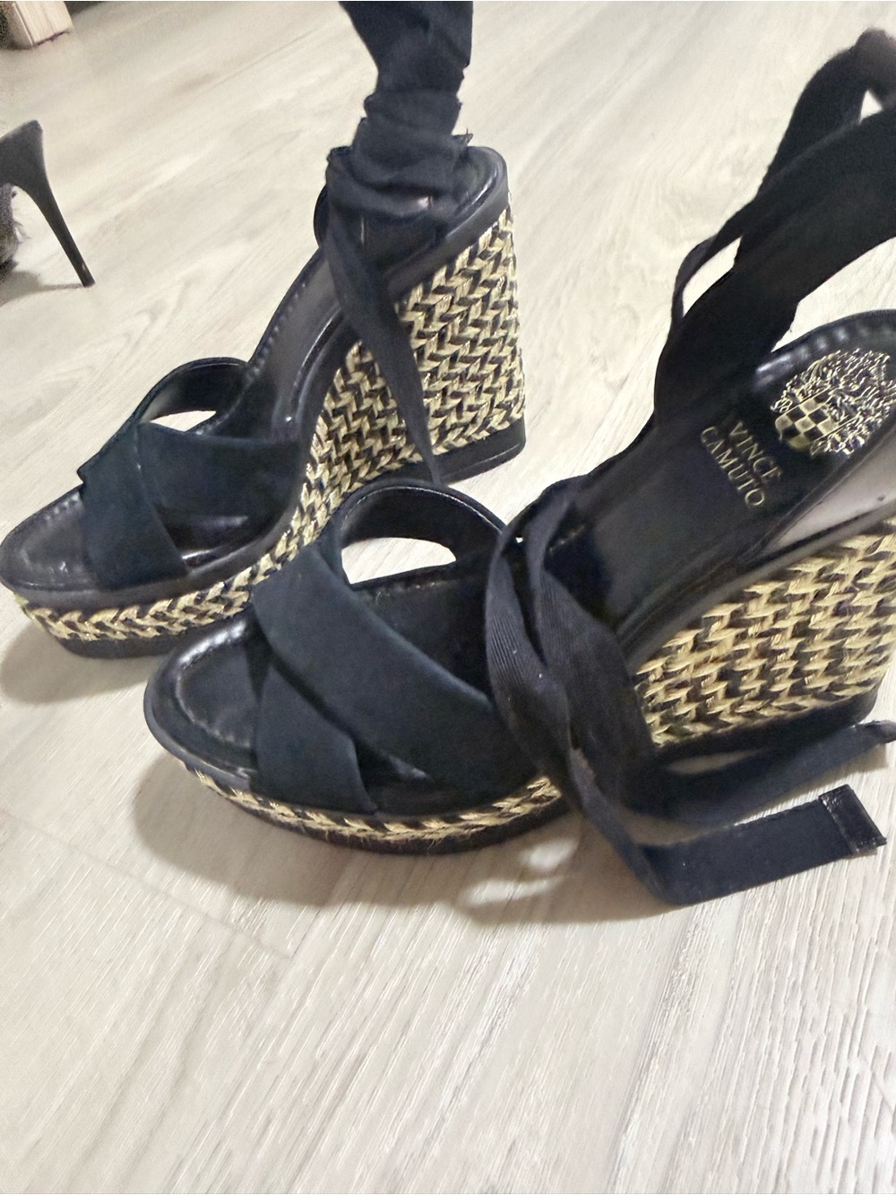 Vince Camuto Black Suede Woven Raffia Platform Wedge Sandals